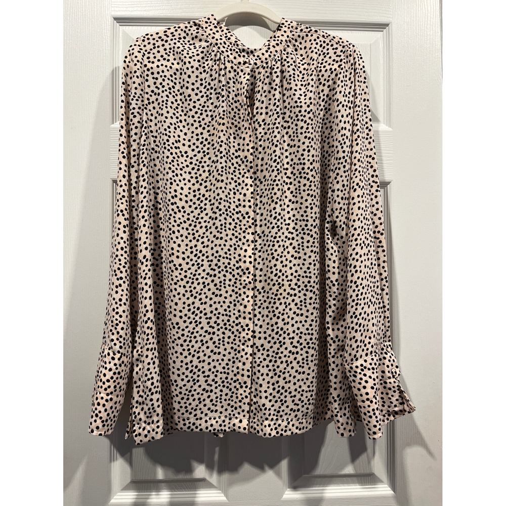 Chico's Peach Black Polka Dot Mock Neck Blouse Size 3 Large XL Long Sleeve Cuffs